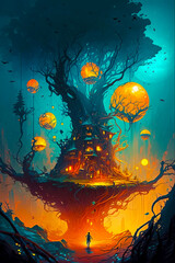 Canvas Print - Image of tree house in the middle of forest with lanterns hanging from it. Generative AI.