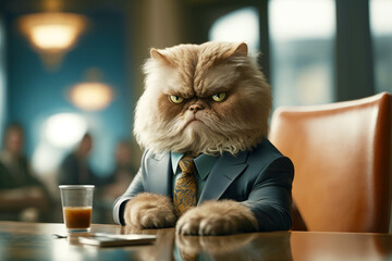 Sticker - Cat in suit and tie sitting at table with glass of orange juice. Generative AI.