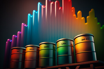 Poster - Row of colorful barrels sitting next to each other on top of wooden shelf. Generative AI.