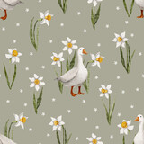 Fototapeta Dziecięca - Watercolor seamless pattern with goose and spring flowers.