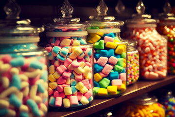 Canvas Print - Shelf filled with glass jars filled with colorful marshmallows on top of each other. Generative AI.