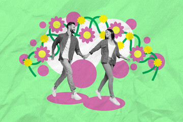 Wall Mural - Creative collage portrait of two idyllic black white effect partners hold arms walking isolated on drawing flowers background