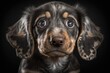 Double dapple Dachshund puppy with wide eyes displays astonishment and intimidation. Generative AI