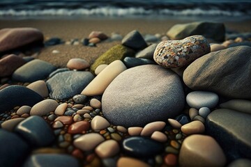 illustration, calm and captivating, a close up of a pebble beach, ai generative