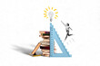 © deagreez - Picture of creative collage reaching high ruler jump girl fist up eureka lightbulb finally decision much books bookworm isolated on white background
