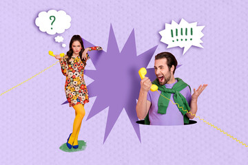 Sticker - Composite collage of young funny couple telecommunication retro line call annoyed guy screaming no signal girlfriend isolated on purple background