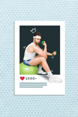 Poster - Vertical photo collage template of young professional fitness blogger like instagram post exercise big biceps dumbbell isolated on blue background