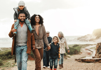 family hiking outdoor in nature, happiness and bonding, spending quality time together with fitness 