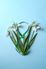 Wall Mural - Beautiful snowdrops and number 8 made of ribbon on light blue background, flat lay
