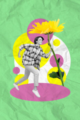 Poster - Photo collage artwork minimal picture of carefree excited lady running delivering flowers isolated drawing background