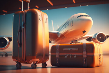 Two suitcases sitting on the ground next to an airplane. Generative AI.