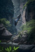 Great Blue Heron Flying Through The Valley Of Zhang