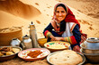 A smiling young Arab or Bedouin woman cooking traditional food. Created with Generative AI technology.