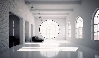 Poster -  a room with a large circular window and a black chair.  generative ai