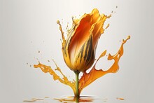  A Yellow Flower Is Splashing With Orange Liquid On A White Background.  Generative Ai
