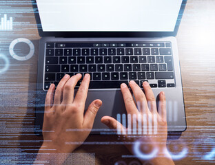 Leinwandbilder - Top view, hands or laptop coding abstract in night office for data analysis, project management or screen algorithm. Zoom, woman or 3d technology code in dark programming for company growth analytics