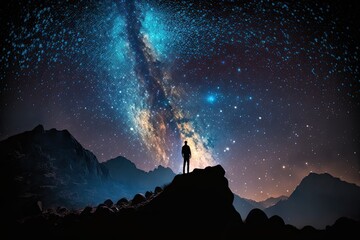 Wall Mural - landscape with milky way. night sky with stars and silhouette of a standing happy man on the mountai