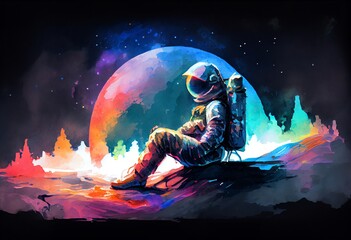 Wall Mural - Watercolor Illustration of a Astronaut Resting On The Neon Planet. Generative AI