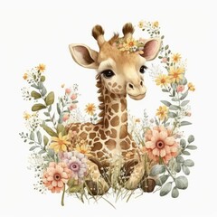 Wall Mural - Cute Baby Giraffe Floral, Wildlife, Innocent, Playful, Charming, Spring Flowers, illustration ,clipart, isolated on white background