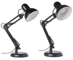 set of vintage black desk lamp isolated, taken in different angles, interior office or home decorati