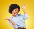 Surprise, excited hands and portrait of black woman on yellow background with energy, happiness and smile. Winner mockup, celebration and isolated happy girl for deal, retail sale and discount news