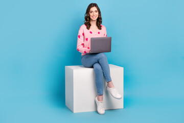 Poster - Full length photo of sweet busy lady dressed pink cardigan working modern device isolated blue color background