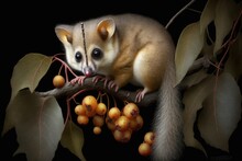 On A Tree, A Golden Brushtail Possum Consumes Fruit. The Common Australian Possums That Only Exist In Tasmania Have A Genetic Mutation That Gives Them Their Light Color. Natural Wildlife Of Australia