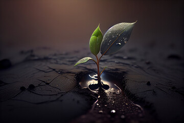 A small green sprout grows in the ground under the rain. AI generated