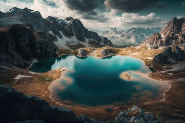 Wall Mural - Amazing view of the Albanian Alps' mountain lakes. Generative AI