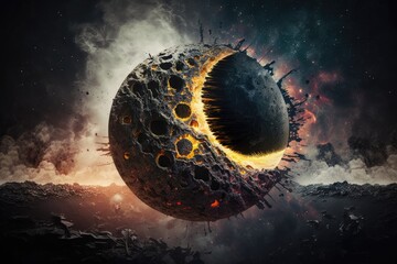 Wall Mural - planet after a cosmic catastrophe, mysteriously dark, with craters on its surface. a solar system sa