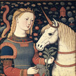 Girl with a unicorn medieval tapestry, illustration, created with Generative AI technology.