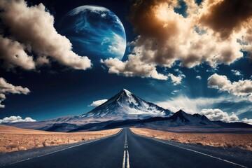 Poster - Asphalt road and mountain with lovely clouds in a sky of blue. Generative AI