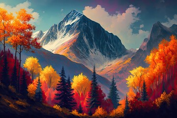 Wall Mural - mountain autumn scenery with a vibrant forest. Generative AI