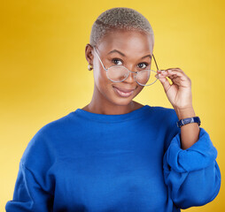 Sticker - Face, black woman and glasses for vision, fashion and casual outfit against a studio background. Portrait, African American female and lady with spectacles, eyewear and clear sight with confidence