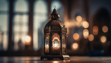 Ornamental Arabic Lantern With Burning Candles Glowing At Night. Muslim Holy Month Ramadan Kareem