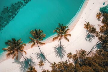 Wall Mural - Aerial drone photo of a stunning white sand beach with turquoise water and palm trees. Generative AI