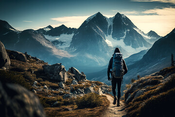 Wall Mural - Back of a backpacker is walking on the beautiful view of the mountain range in winter season as background. Trekking leisure scene. Generative Ai image.	
