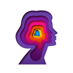 Realistic paper cut layered female human head. Colorful papercut woman silhouette on isolated background for personality or psychology concept.