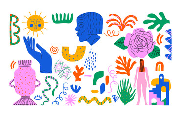 set of trendy doodle and abstract retro icons on isolated white background. big summer collection, r