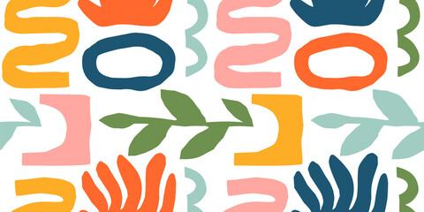 Leinwandbilder - Abstract matisse inspired seamless pattern with colorful freehand doodles. Organic flat cartoon background, simple random cutout shapes in bright childish colors.