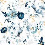 Fototapeta  - watercolor seamless pattern, blue design with peonies, birds, roses, gold botanical,  floral pattern with transparent background