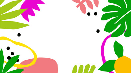 Naklejka na meble Colorful abstract shape background template. Empty white copy space frame with modern tropical nature decoration for restaurant landing page or summer design.	