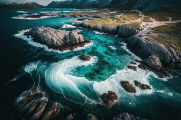 Poster - aerial view of Norway's Telavg coastline, showing the sea waves and rocks. sweeping view of the seaside rocks. Along the shore, the wave of the sea rolls. aerial view of the sea coast. Sea level