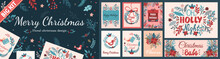 Set Of Templates For Christmas And New Year Flower Cards. Vivid Illustrations For Vector Image Design