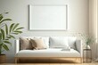 © AKKA - Blank horizontal poster frame mock up in minimal white style living room interior, modern living room interior background, Ai generative.