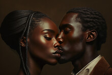 Generative AI Illustration Of Calm African American Couple With Shiny Skin Kissing Tenderly With Closed Eyes Against Brown Background