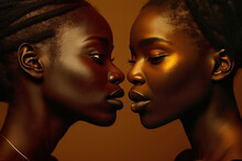 Generative AI Illustration Of Sensual African American Lesbian Couple Kissing Each Other With Closed Eyes Against Brown Background