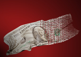 Poster - Transition to digital dollars.  Paper money is being transformed into numbers. 3d image