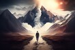 A Man Walking On Way Path In Mountain Valley , Conceptual Of Human Desire And Decide, Dare To Find Your Dream. Generative AI