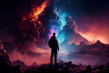 Wall Mural - man silhouette standing on futuristic planet surface and looking on cosmic landscape with nebula and